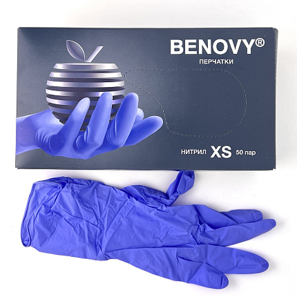 Перчатки BENOVY Nitrile MultiColor BS, нитриловые,сиренево-голубые, XS, 50 пар, 3,5 гр.